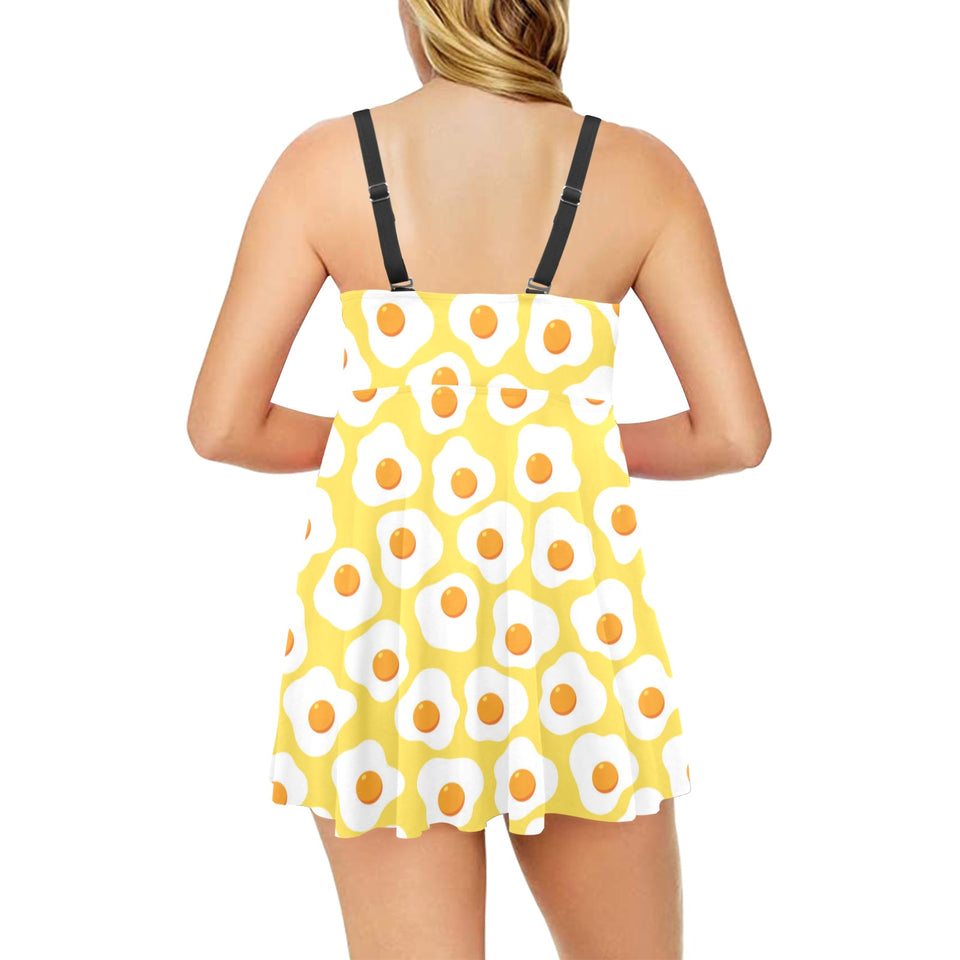 Fried Eggs Pattern Print Design 05 Chest Sexy Pleated Two Piece Swim Dress