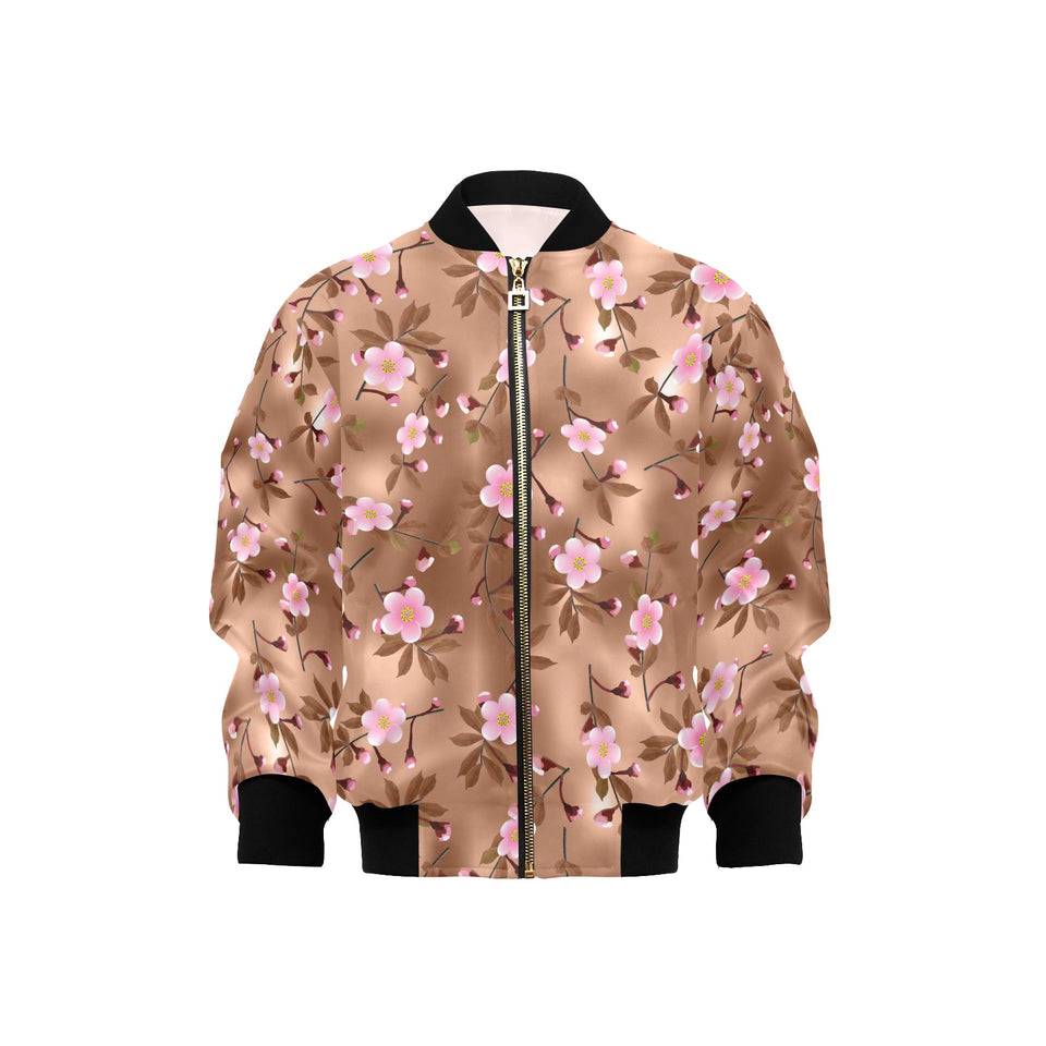 Pink sakura cherry blossom drak brown background Kids' Boys' Girls' Bomber Jacket