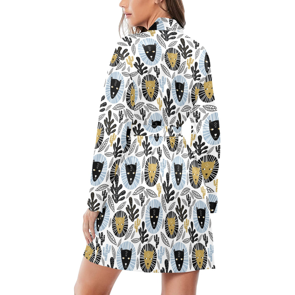 Lion Pattern Print Design 05 Women's Long Sleeve Belted Night Robe