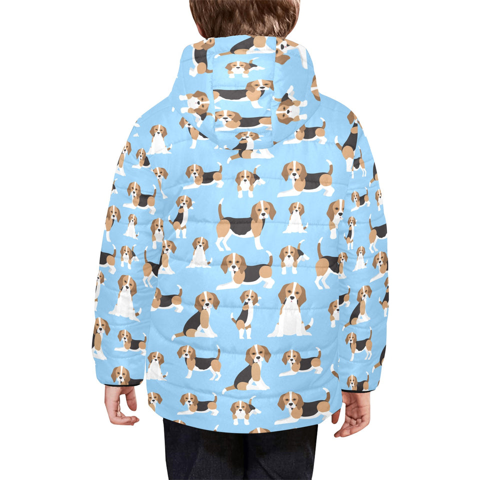 Beagle dog blue background pattern Kids' Boys' Girls' Padded Hooded Jacket