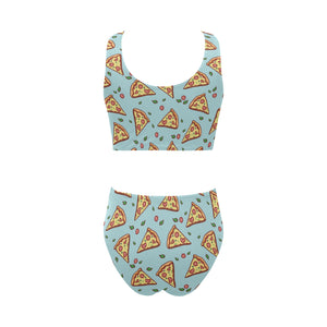 Hand drawn pizza blue background Chest Bowknot High Waisted Bikini Swimsuit