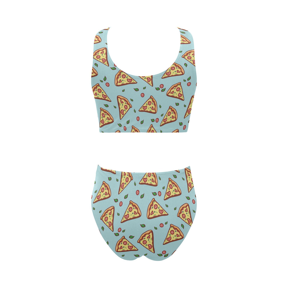 Hand drawn pizza blue background Chest Bowknot High Waisted Bikini Swimsuit