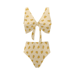 Cheese pattern Chest Bowknot High Waisted Bikini Swimsuit