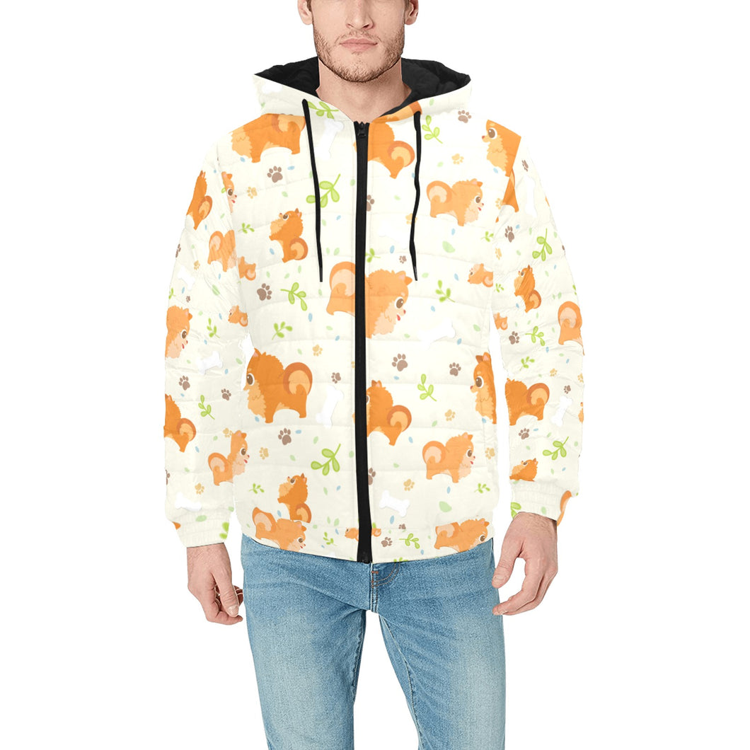 Cute brown pomeranian paw leave bone pattern Men's Padded Hooded Jacket