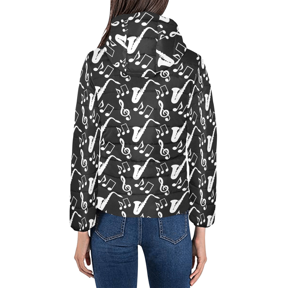 Saxophone music notes treble clef black white them Women's Padded Hooded Jacket