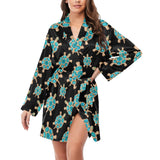 Sea turtle blue stone pattern Women's Long Sleeve Belted Night Robe