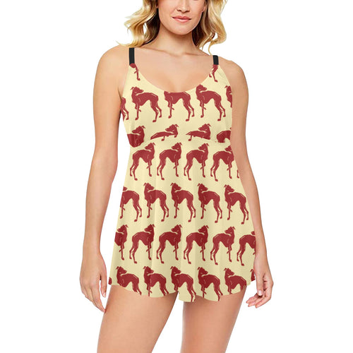 Greyhound Pattern Print Design 04 Chest Sexy Pleated Two Piece Swim Dress