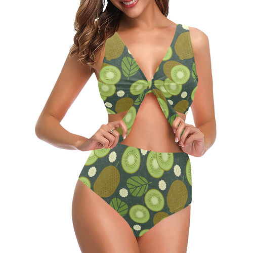 Whole sliced kiwi leave and flower Chest Bowknot High Waisted Bikini Swimsuit