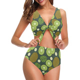 Whole sliced kiwi leave and flower Chest Bowknot High Waisted Bikini Swimsuit