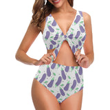 Eggplant Pattern Print Design 05 Chest Bowknot High Waisted Bikini Swimsuit