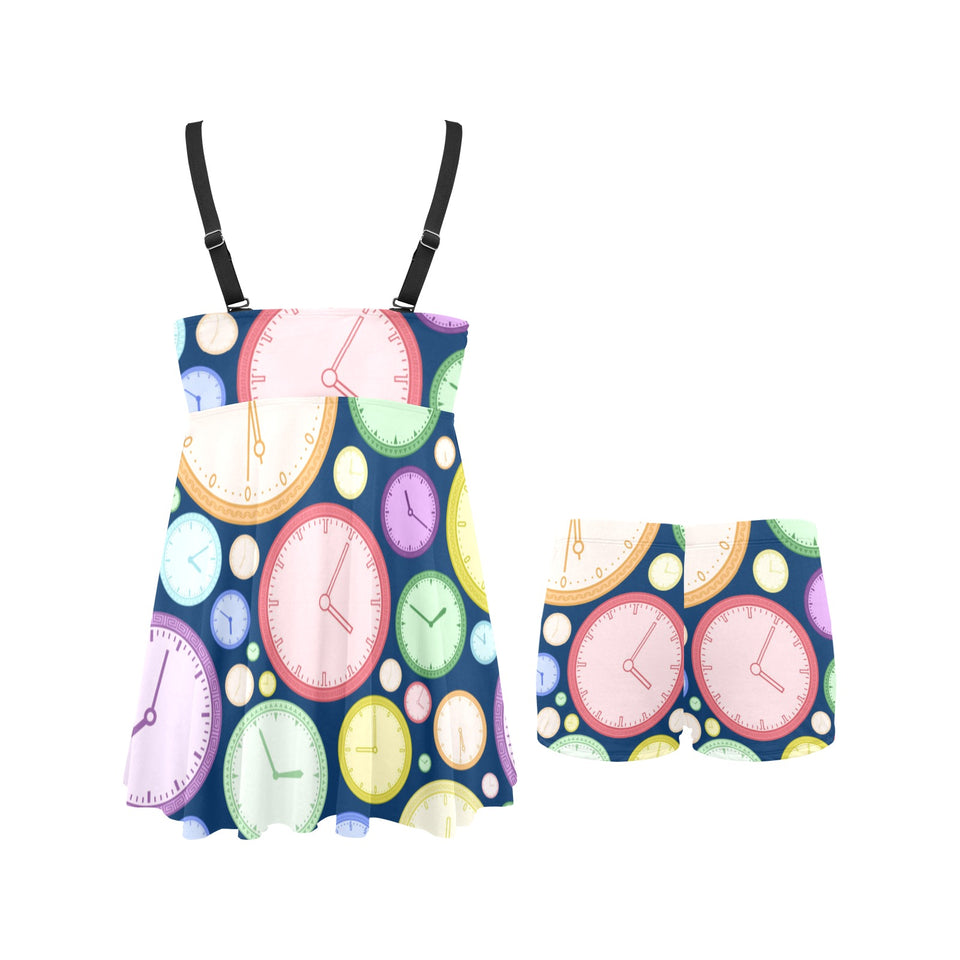 Colorful clock background Chest Sexy Pleated Two Piece Swim Dress