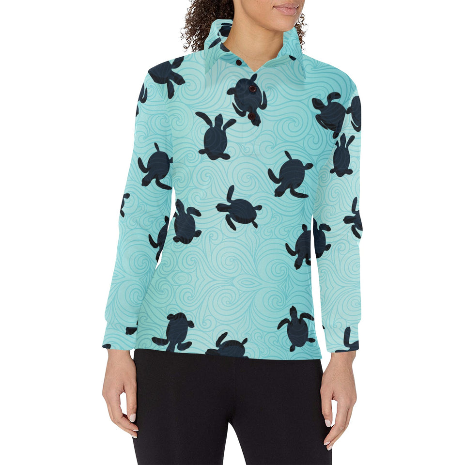 Sea turtle with blue ocean backgroud Women's Long Sleeve Polo Shirt