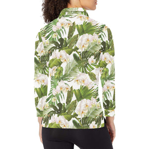 White orchid flower tropical leaves pattern Women's Long Sleeve Polo Shirt