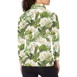 White orchid flower tropical leaves pattern Women's Long Sleeve Polo Shirt