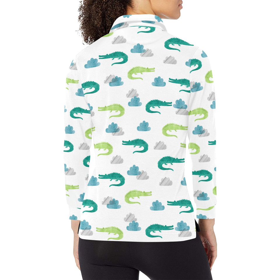 watercolor crocodile pattern Women's Long Sleeve Polo Shirt