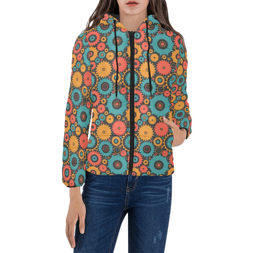 Gear Pattern Print Design 01 Women's Padded Hooded Jacket