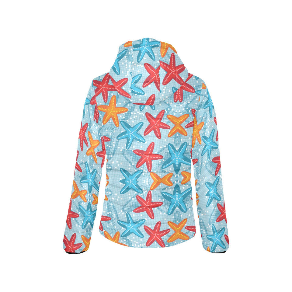 Blue red orange starfish pattern Women's Padded Hooded Jacket
