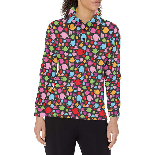 Tea pots Pattern Print Design 01 Women's Long Sleeve Polo Shirt