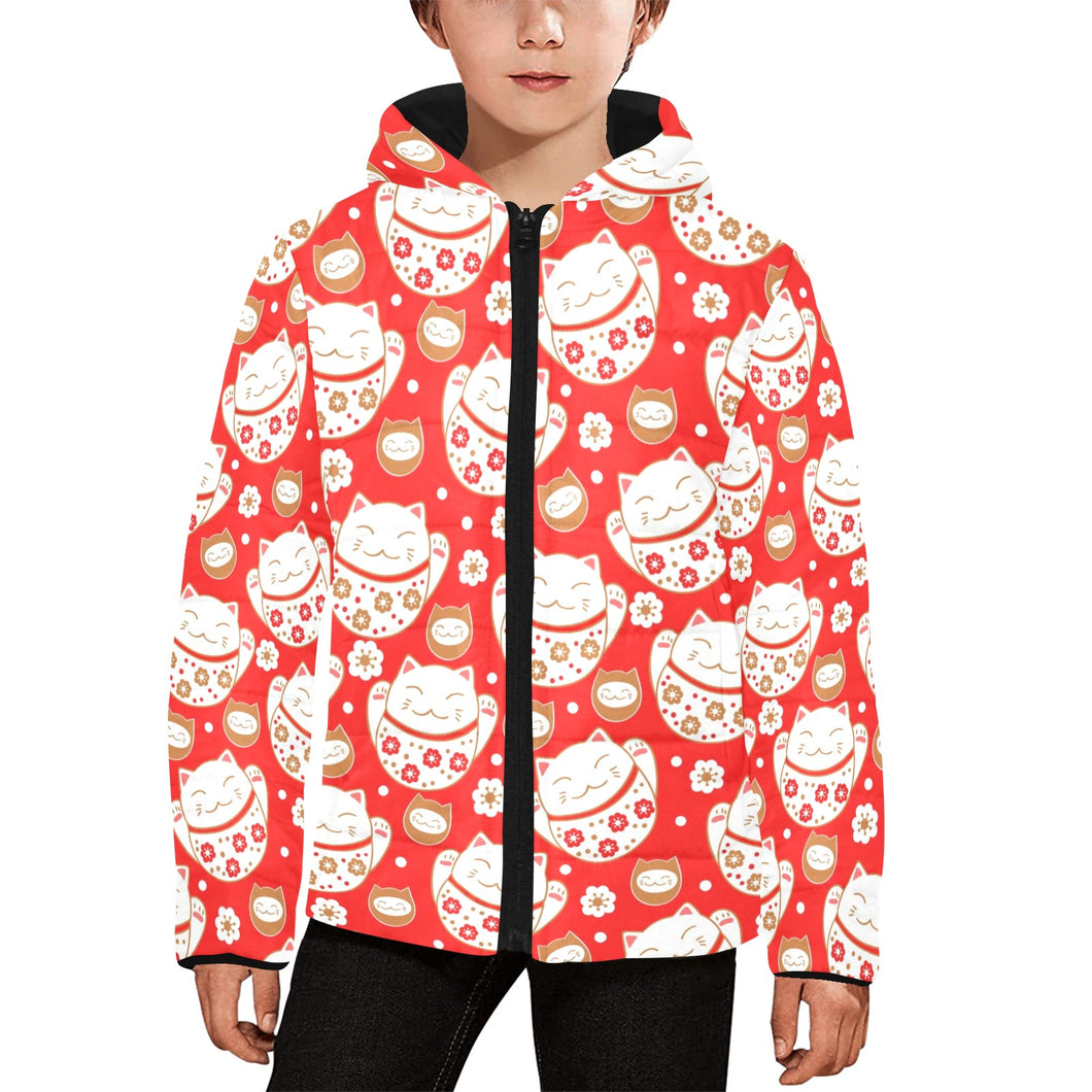 Cute Maneki neko cat red background Kids' Boys' Girls' Padded Hooded Jacket