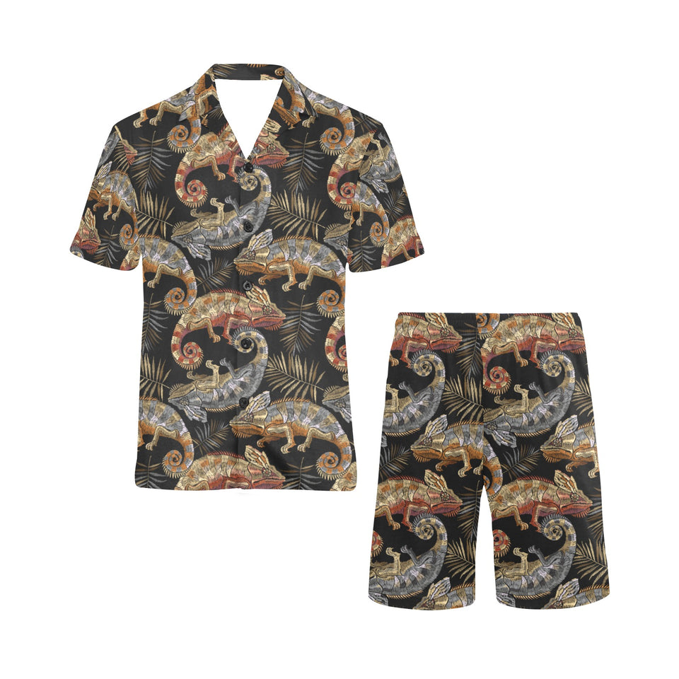 Chameleon lizard tropical leaves palm tree Men's V-Neck Short Pajama Set