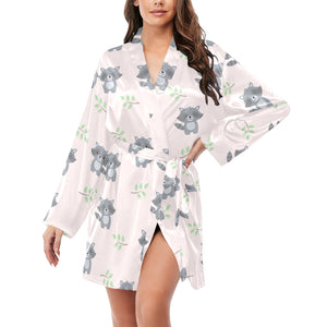 cute raccoons leaves pattern Women's Long Sleeve Belted Night Robe