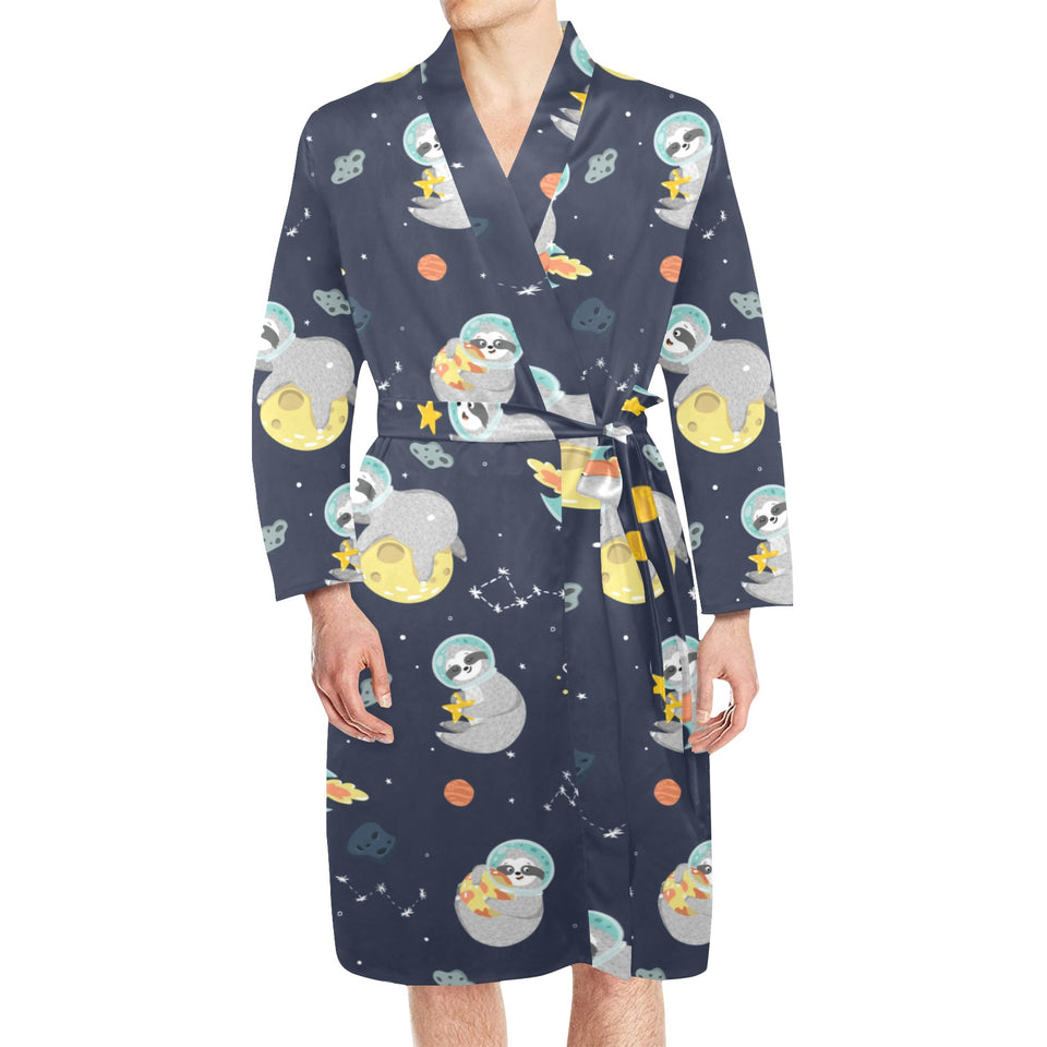 Cute sloth astronaut star planet rocket pattern Men's Long Sleeve Belted Night Robe