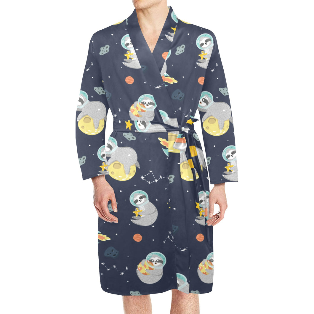 Cute sloth astronaut star planet rocket pattern Men's Long Sleeve Belted Night Robe
