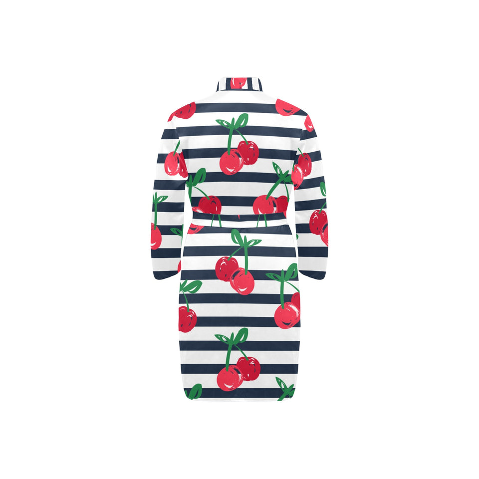 Hand drawn cherry pattern striped background Men's Long Sleeve Belted Night Robe