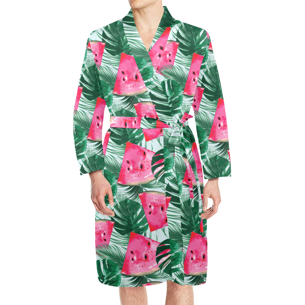 Watermelons tropical palm leaves pattern Men's Long Sleeve Belted Night Robe