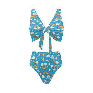 Rainbows Sky Clouds Pattern Chest Bowknot High Waisted Bikini Swimsuit