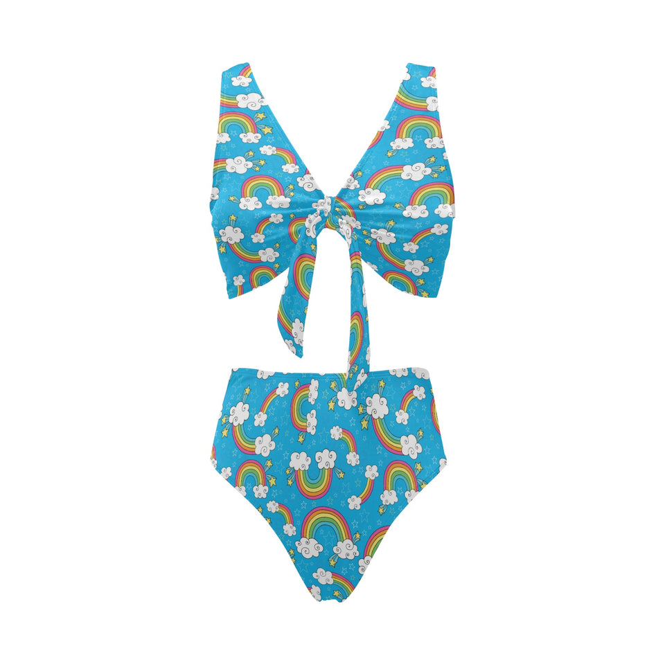 Rainbows Sky Clouds Pattern Chest Bowknot High Waisted Bikini Swimsuit