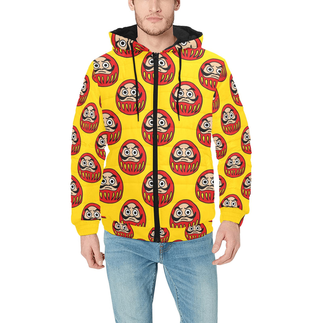 Daruma japanese wooden doll yellow background Men's Padded Hooded Jacket
