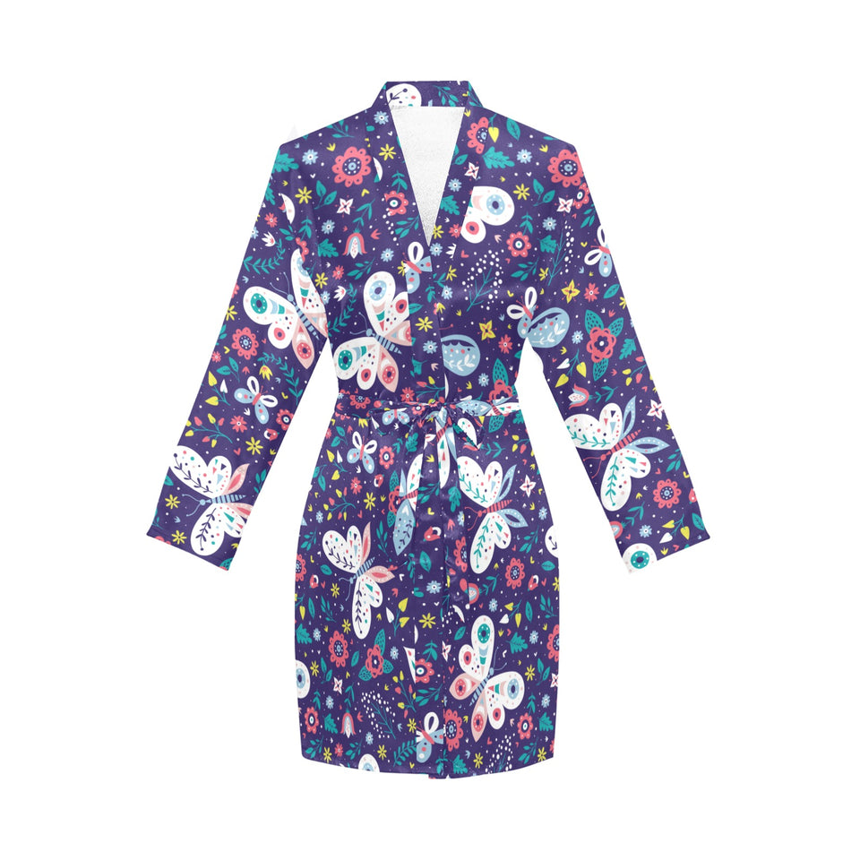 Colorful butterfly flower pattern.eps Women's Long Sleeve Belted Night Robe