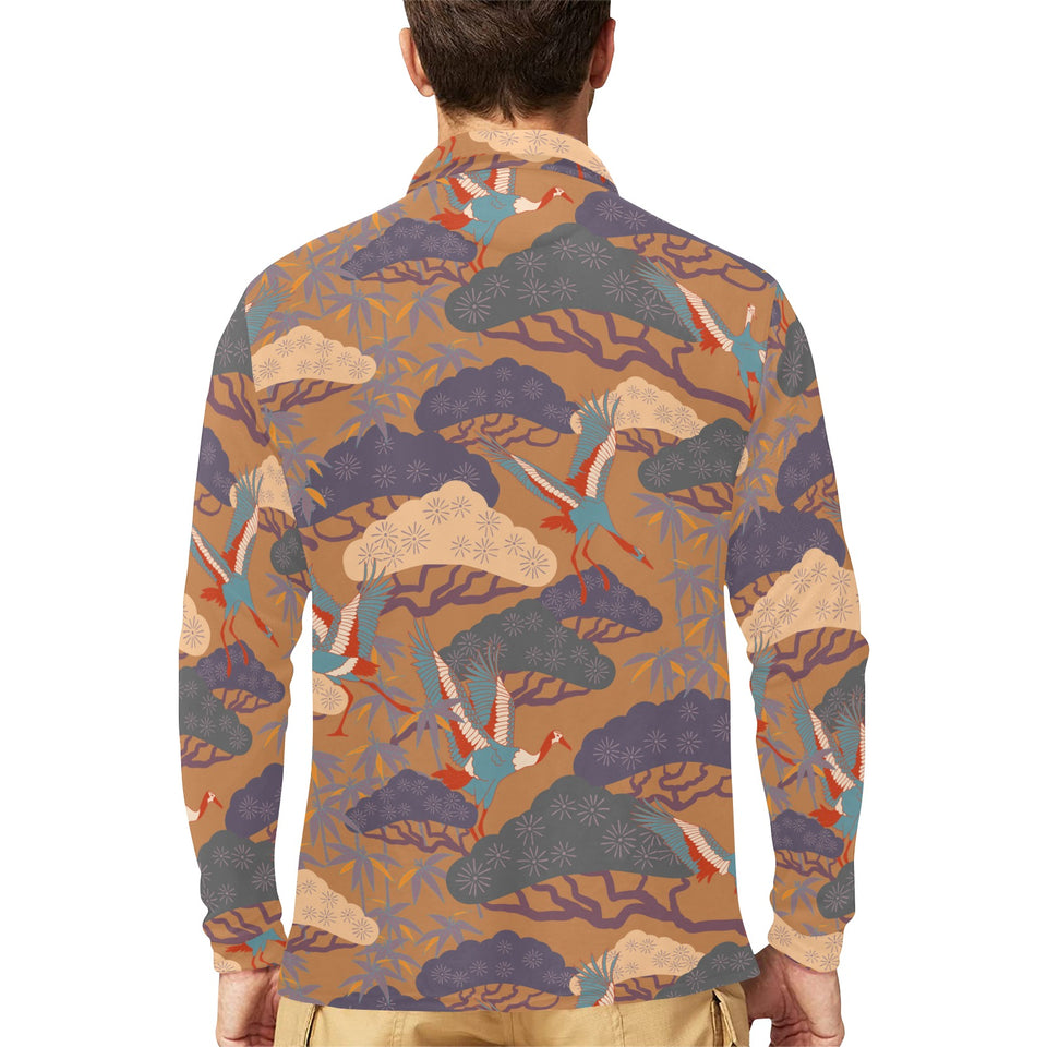 Bonsai bamboo stork japanese pattern brown theme Men's Long Sleeve Polo Shirt