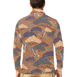 Bonsai bamboo stork japanese pattern brown theme Men's Long Sleeve Polo Shirt