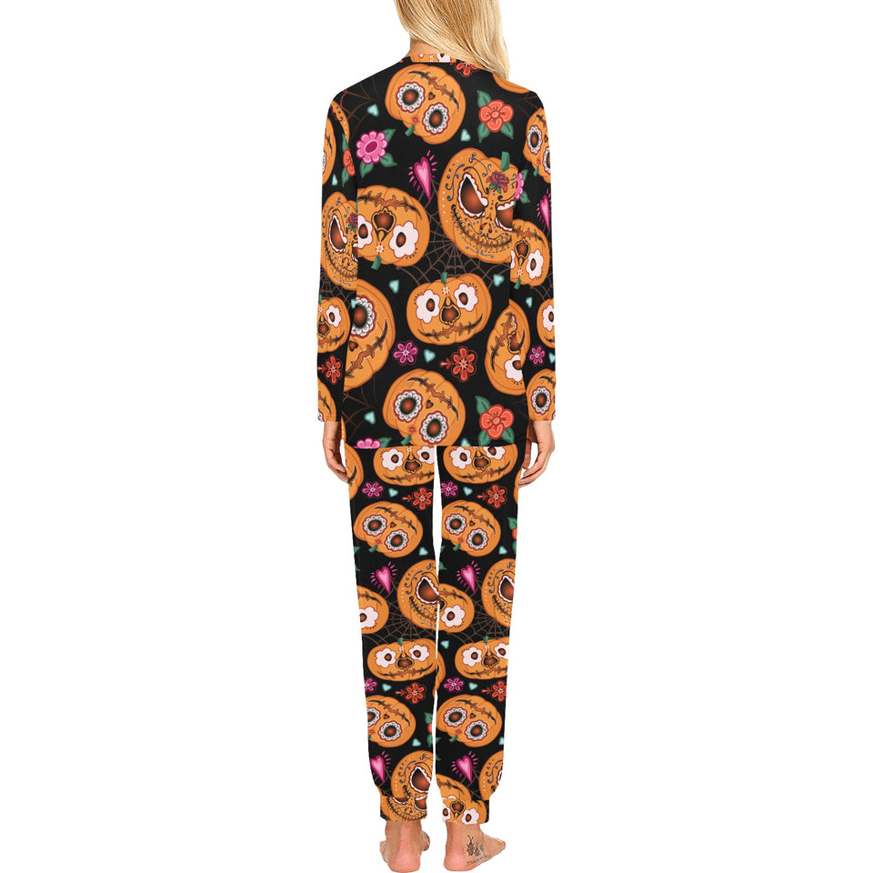 Pumpkin flowers spiderweb Halloween theme Women's All Over Print Pajama Set