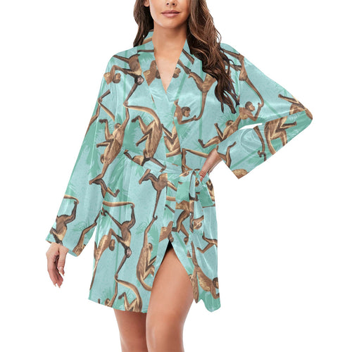 Monkey Palm tree background Women's Long Sleeve Belted Night Robe
