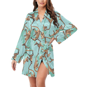 Monkey Palm tree background Women's Long Sleeve Belted Night Robe