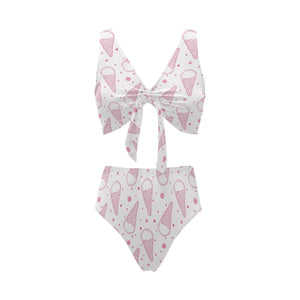 Hand drawn ice cream pattern Chest Bowknot High Waisted Bikini Swimsuit