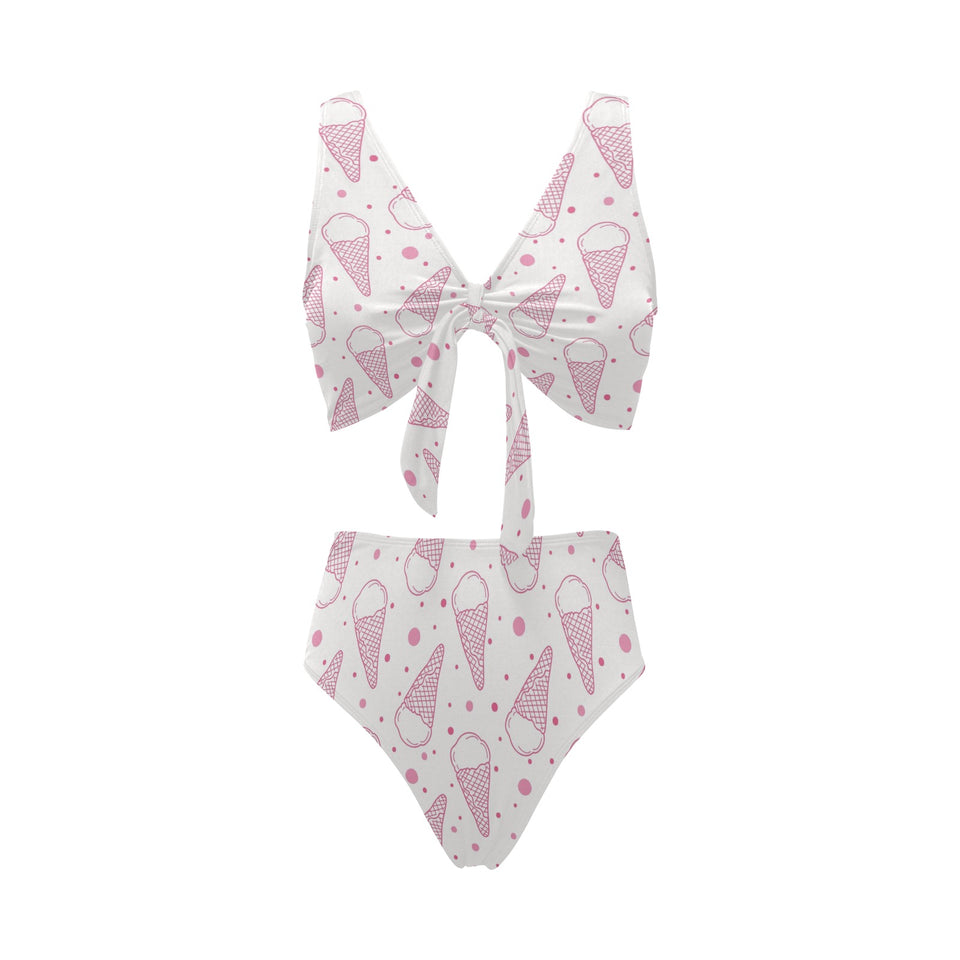 Hand drawn ice cream pattern Chest Bowknot High Waisted Bikini Swimsuit