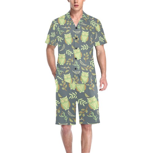 Cute owls leaves pattern Men's V-Neck Short Pajama Set