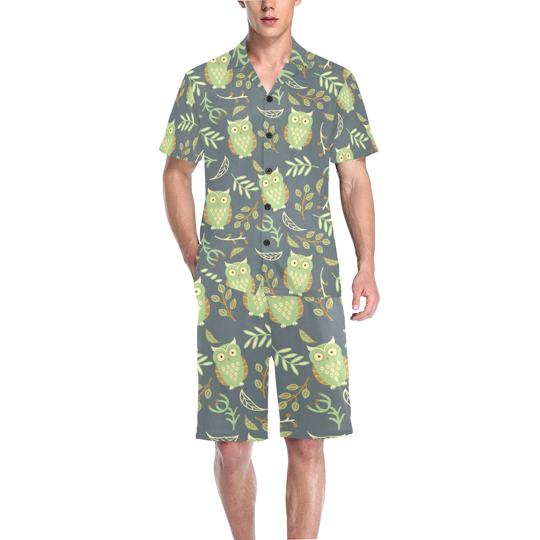 Cute owls leaves pattern Men's V-Neck Short Pajama Set