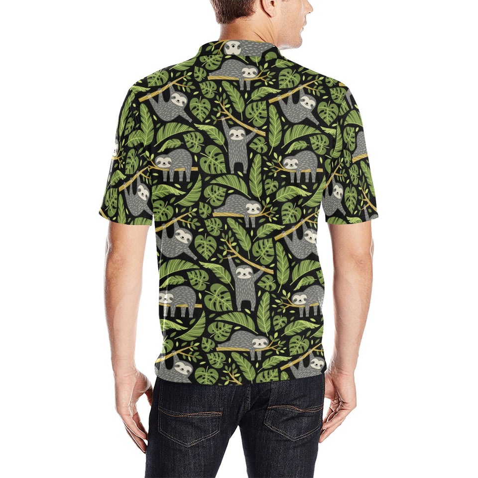 Cute sloths tropical palm leaves black background Men's All Over Print Polo Shirt