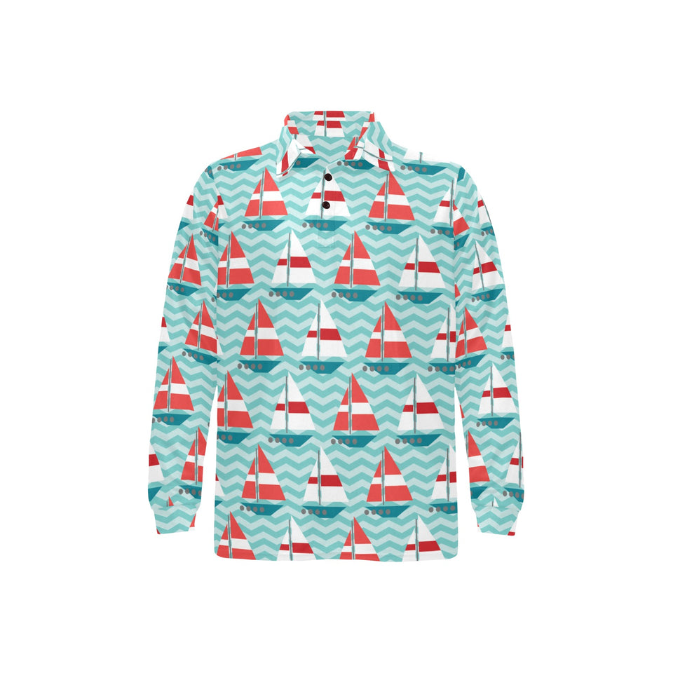 Red White sailboat wave background Men's Long Sleeve Polo Shirt