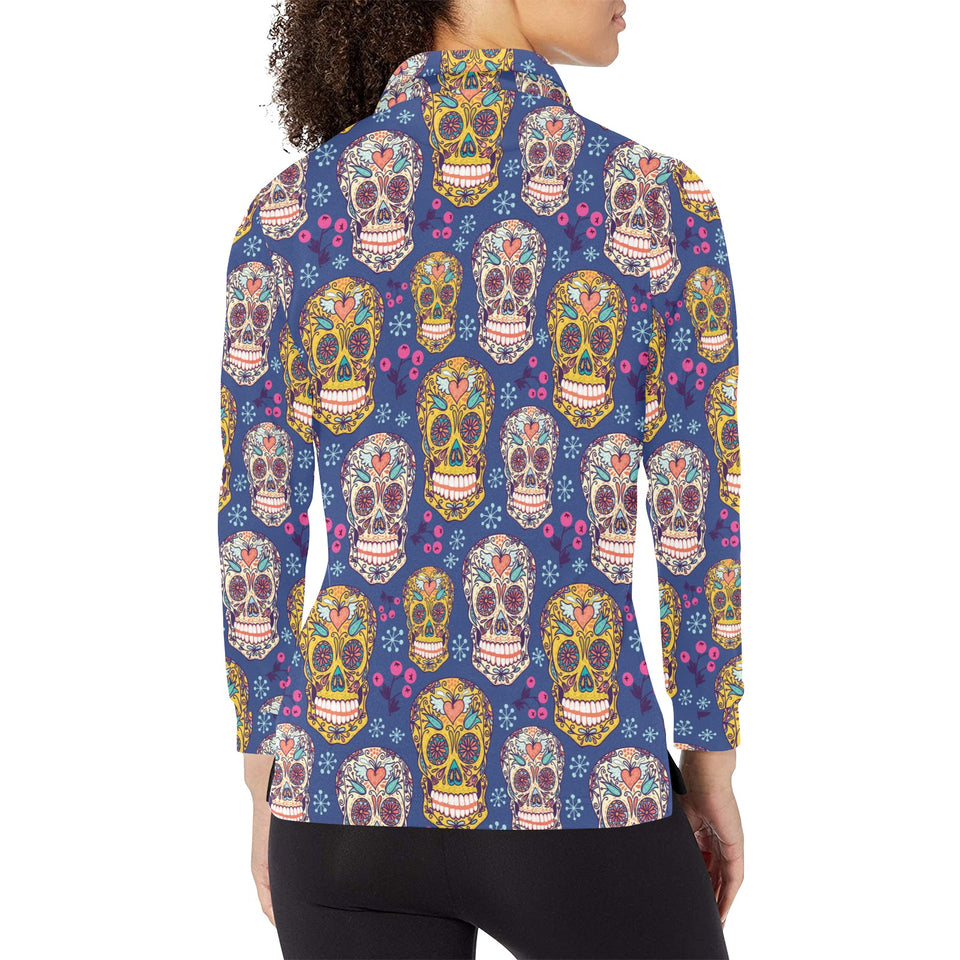 Sugar skull flower pattern Women's Long Sleeve Polo Shirt
