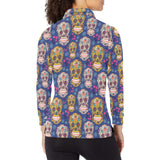 Sugar skull flower pattern Women's Long Sleeve Polo Shirt