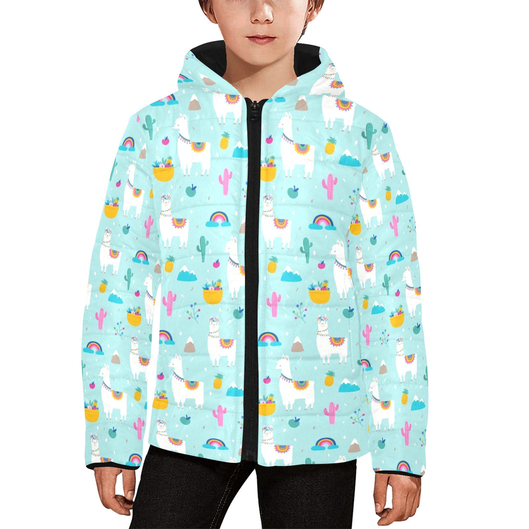 Llama alpaca cactus leaves pattern Kids' Boys' Girls' Padded Hooded Jacket