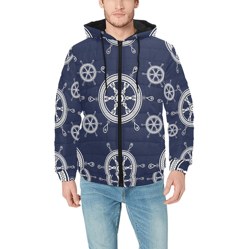 nautical steering wheel design pattern Men's Padded Hooded Jacket