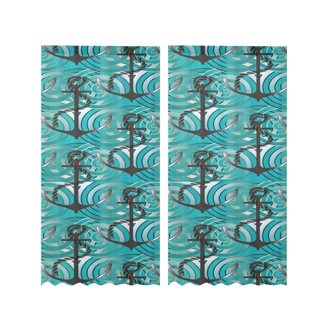 Anchor nautical green background Gauze Curtain