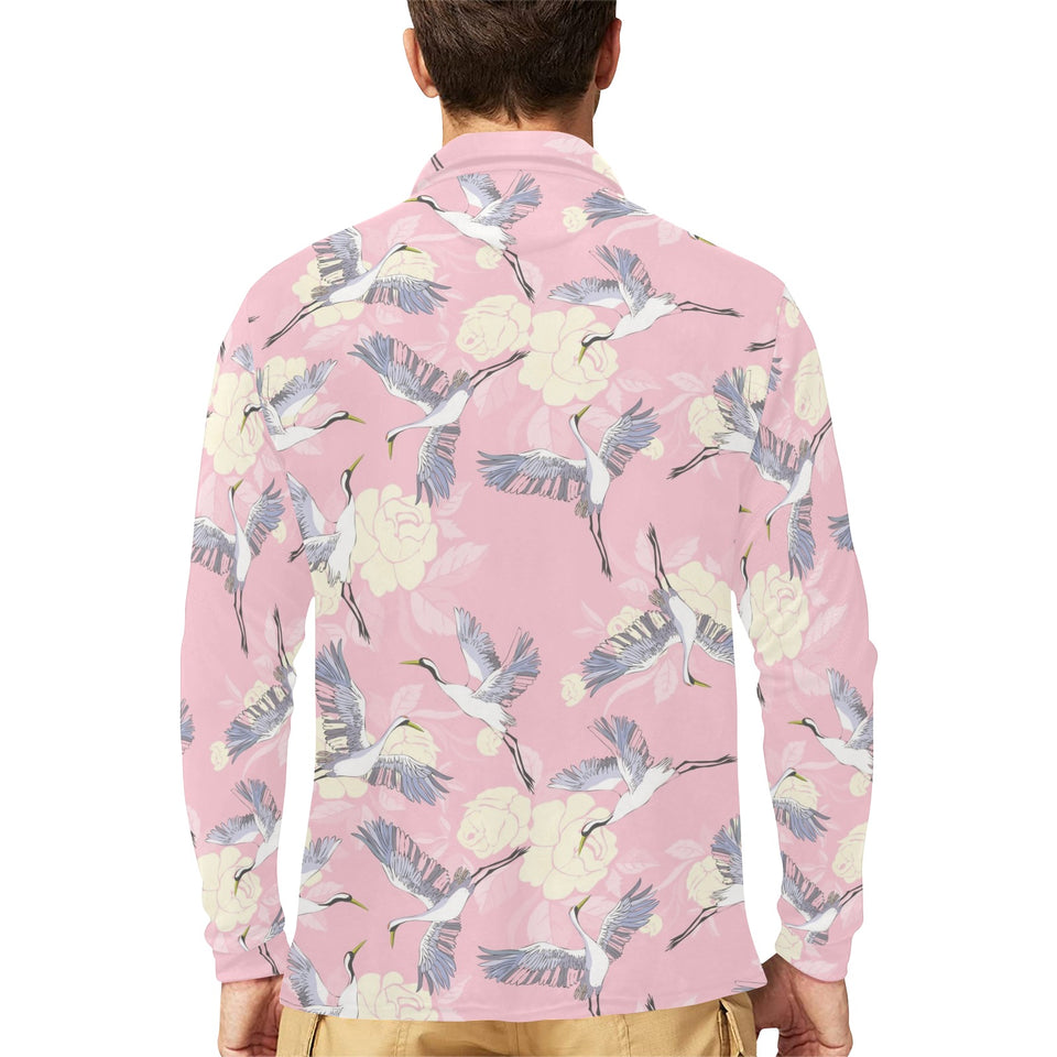 Japanese crane rose pattern Men's Long Sleeve Polo Shirt
